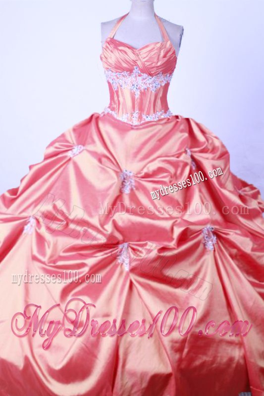 Halter Pick-ups Quinceanera Dress with Beaded Appliques in Fashion